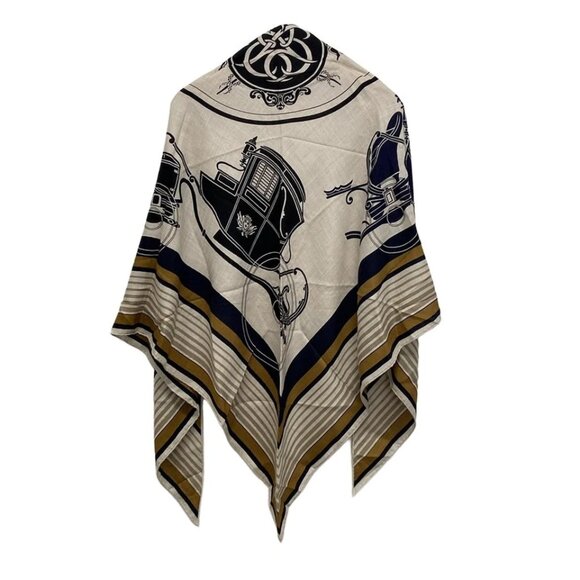 HERMES Triangle Geant - Beige Dark Navy Brown Cashmere Silk Scarf 955-072325 - Picture 2 of 6